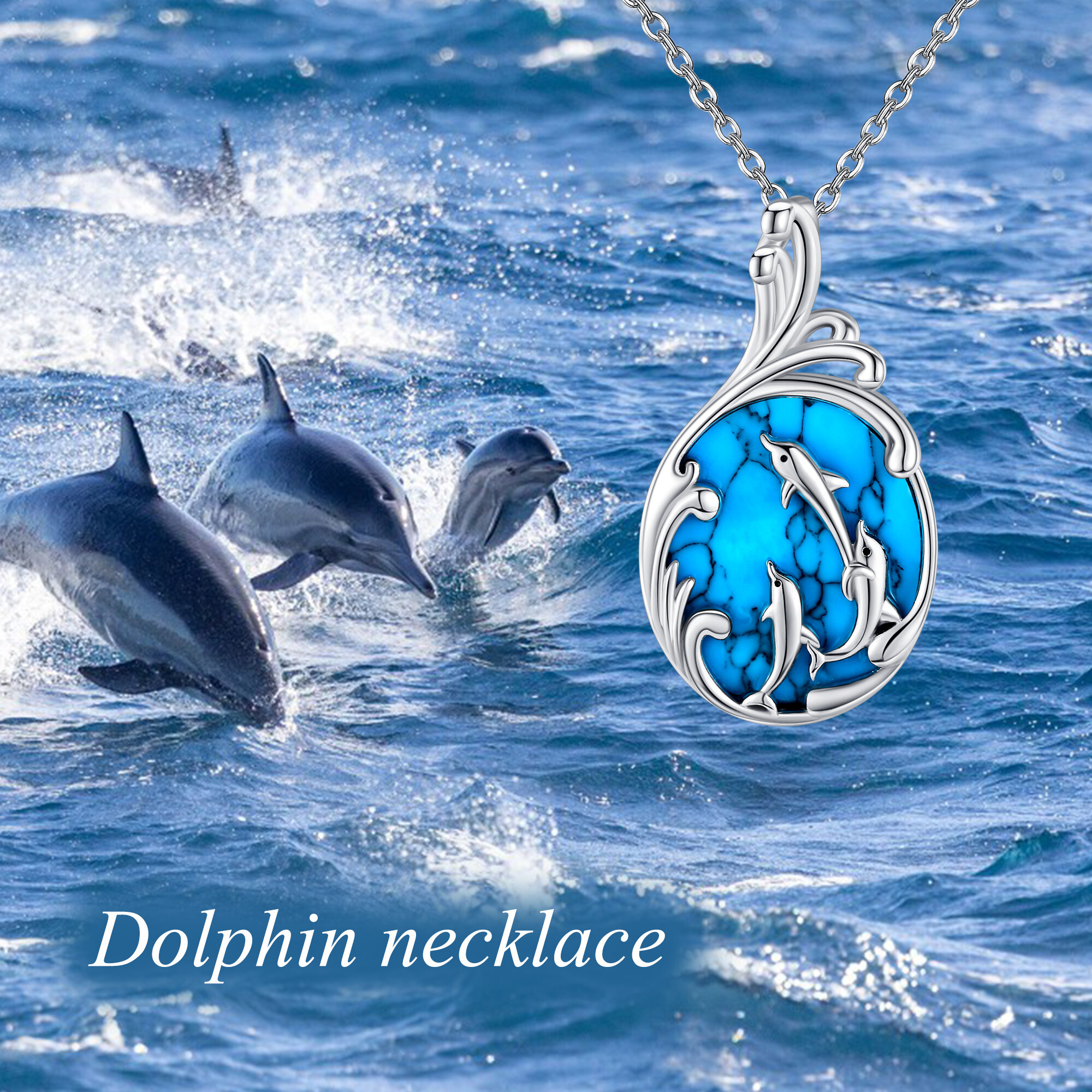 925 Sterling Silver Synthetic Turquoise Dolphin Necklace